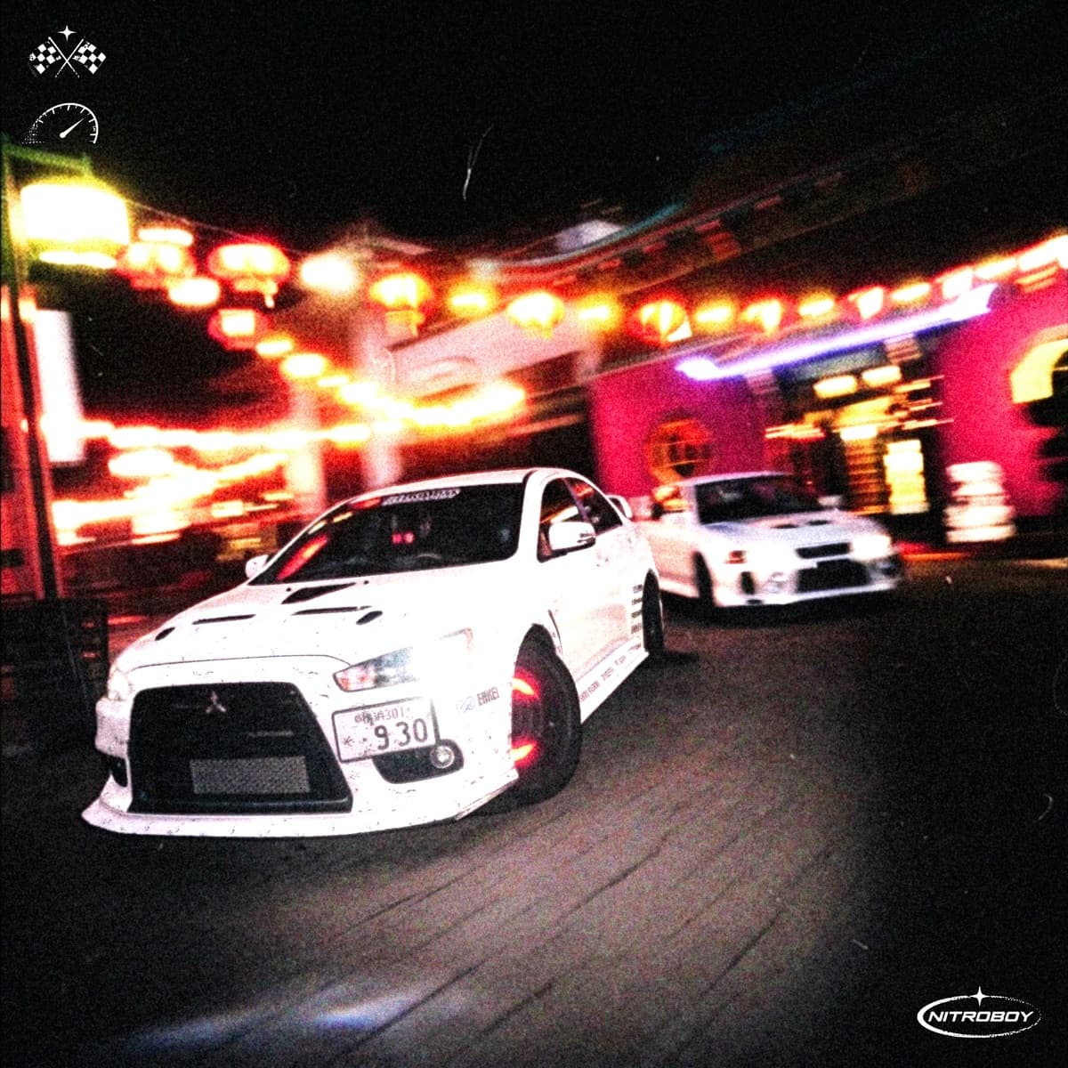 Official show up artwork by Justin Magnaye: two white performance cars beneath glowing lanterns at night, with racing flags and a speedometer in the corner