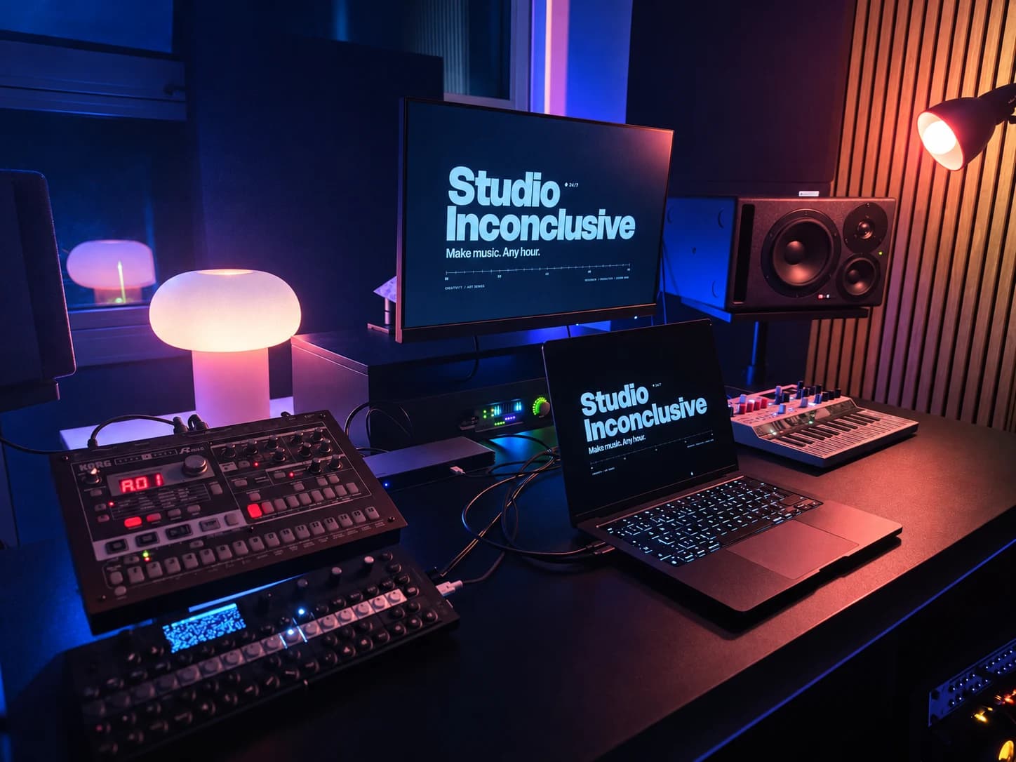 Inside Studio Inconclusive in Chichester, with a production desk, synthesisers and monitors in warm amber and blue light